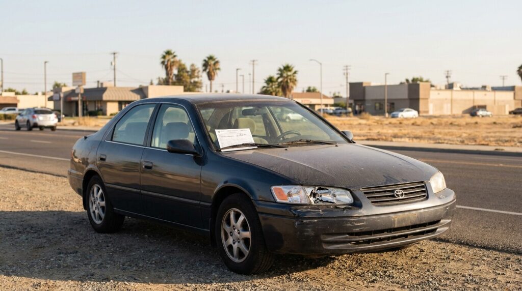 damaged Toyota sedan with document on windshield parked on roadside