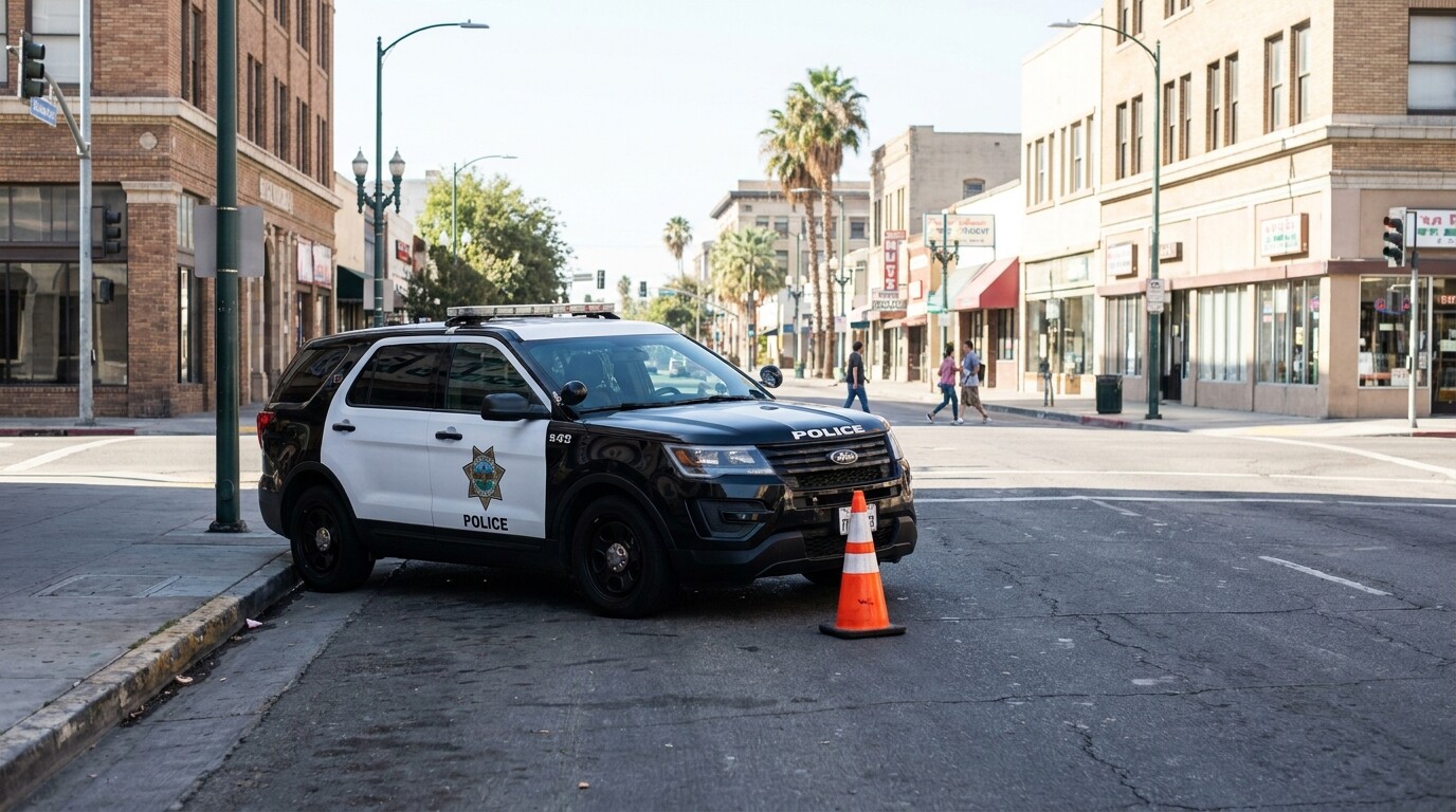 Police SUV blocking urban intersection with traffic cone on city street
