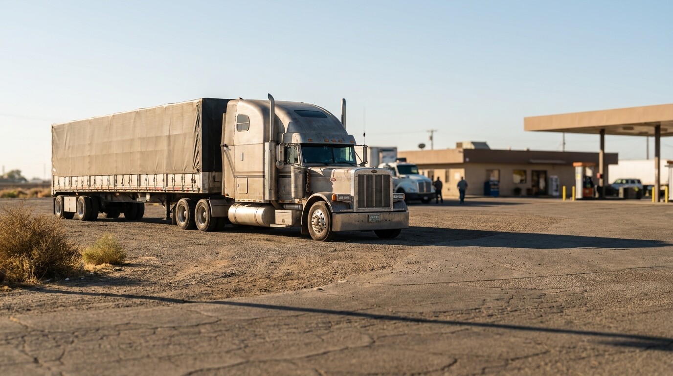 semi-truck with covered flatbed trailer parked at roadside truck stop