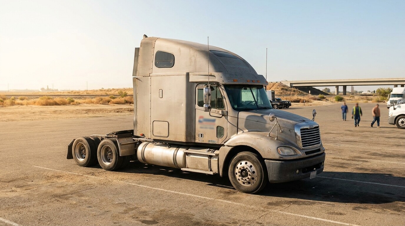 semi-truck cab without trailer parked in open lot with workers nearby