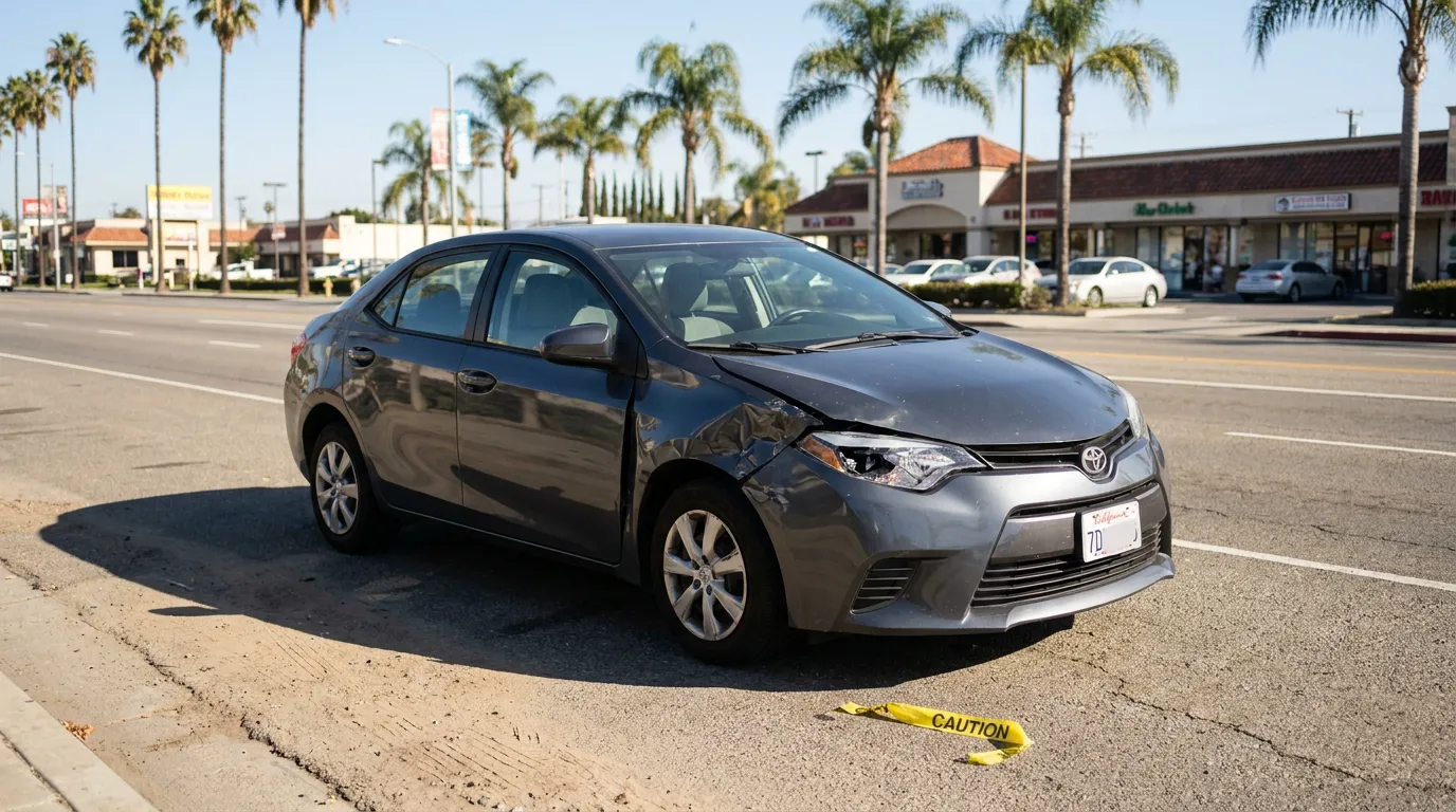 damaged Toyota sedan with crumpled hood parked near caution tape on roadside