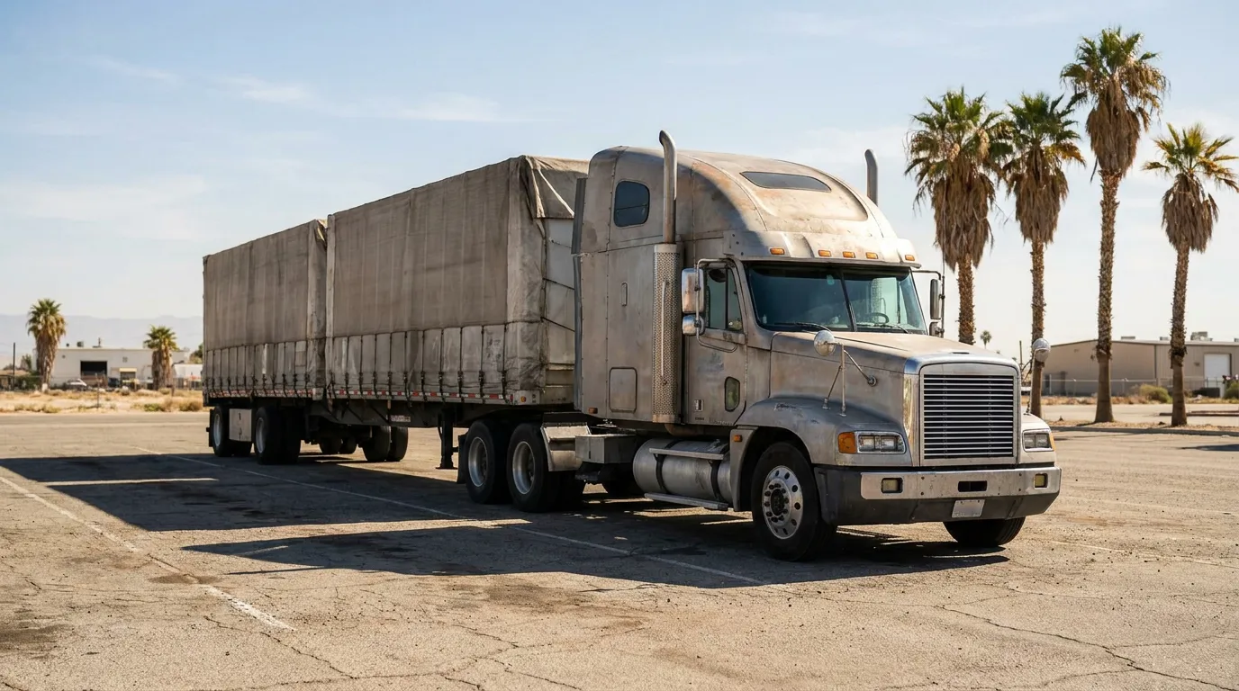 large semi-truck with covered flatbed trailer parked in open lot near palm trees