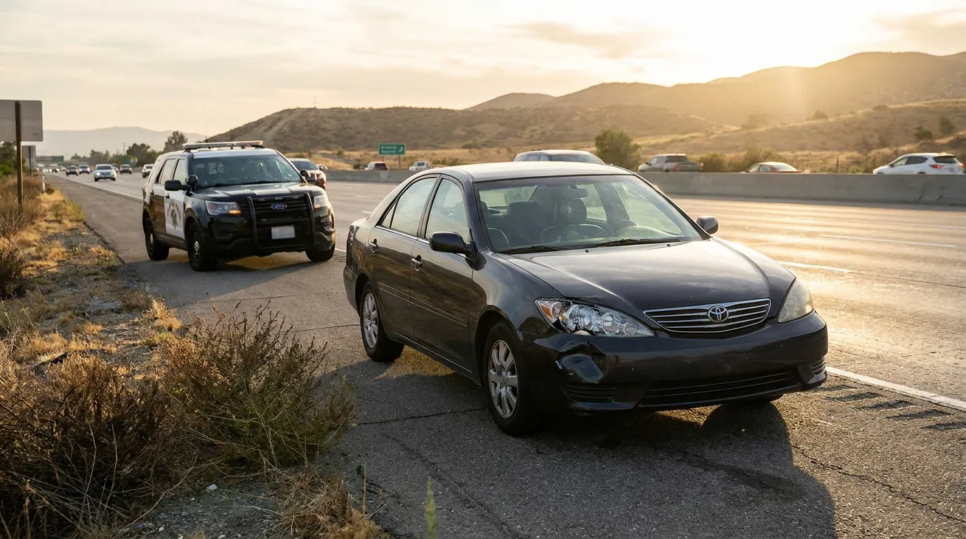 damaged Toyota sedan pulled over on highway shoulder with police SUV behind