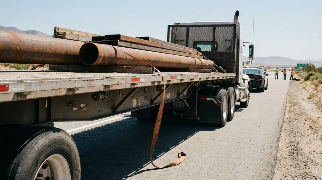 flatbed truck hauling unsecured steel pipes stopped on highway with loose strap