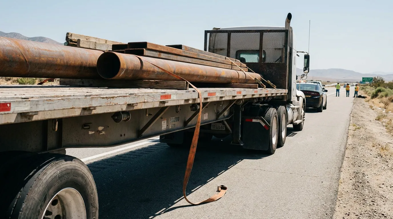 flatbed truck hauling unsecured steel pipes stopped on highway with loose strap