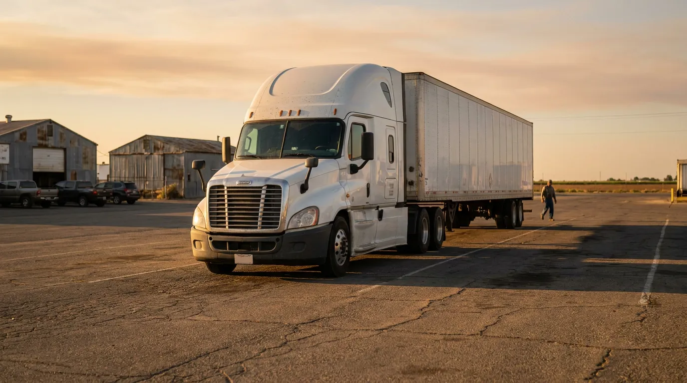 Freightliner semi-truck with trailer parked in lot near industrial warehouse