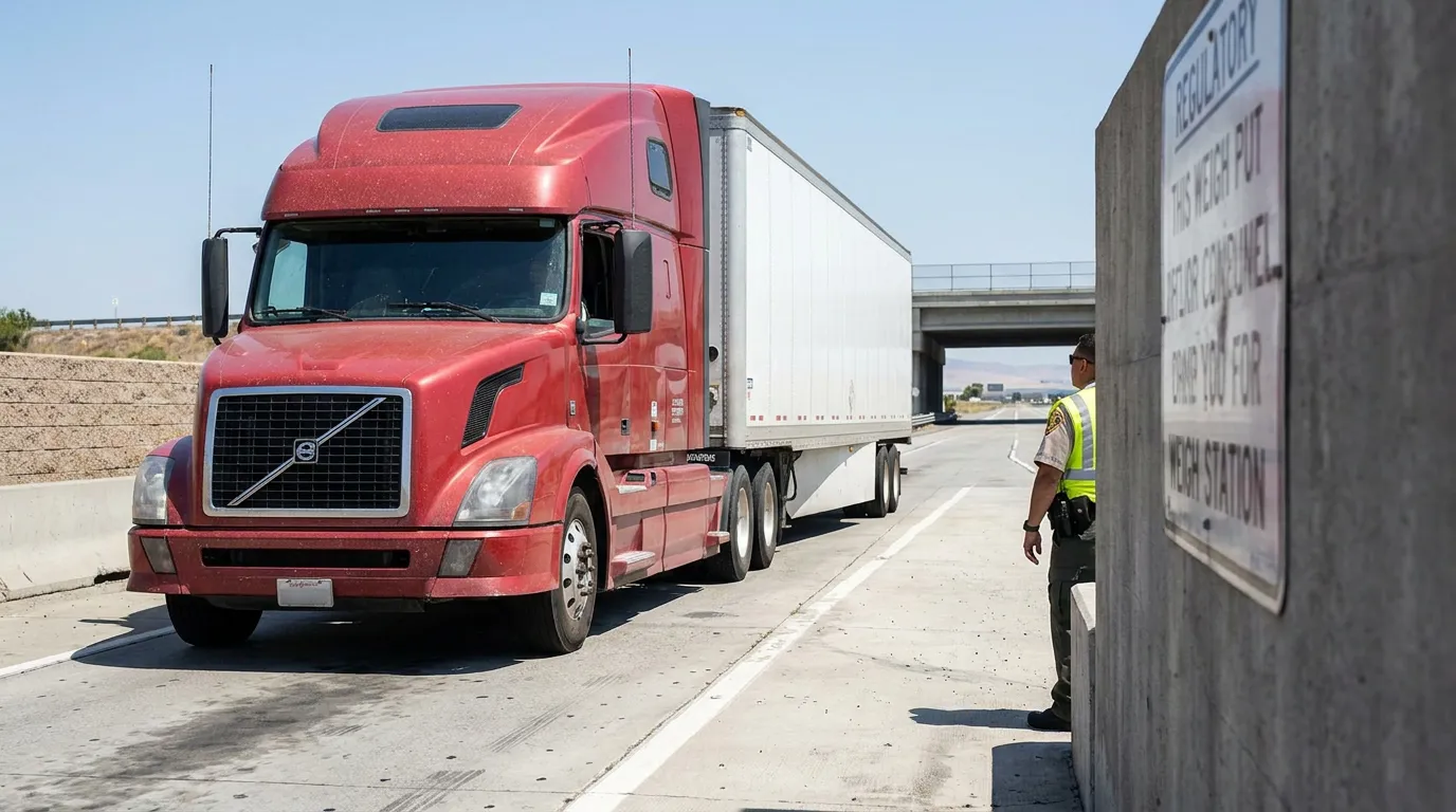 semi-truck stopped at weigh station with uniformed officer and regulatory sign