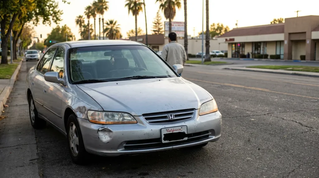 Honda sedan with front bumper collision damage parked on California street