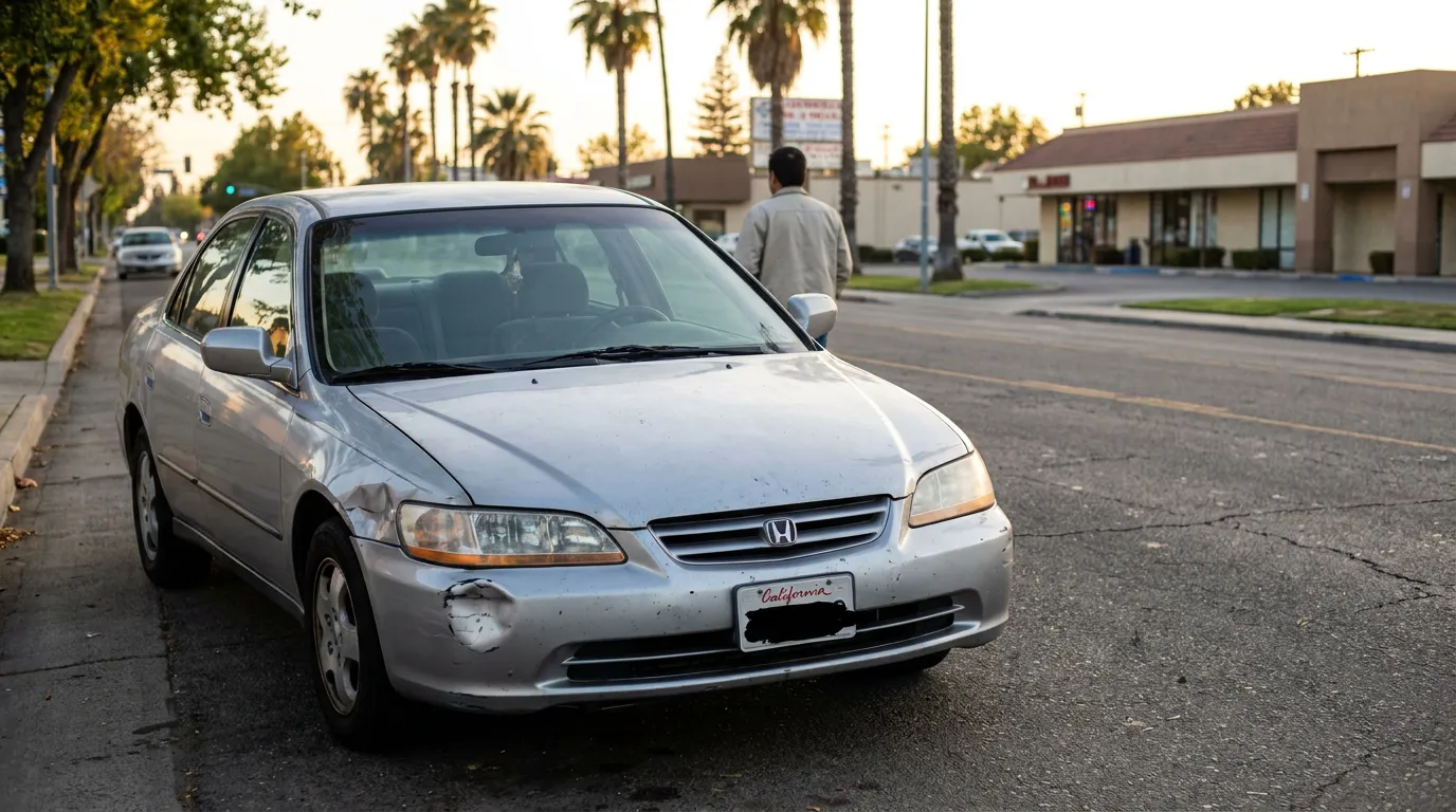 Honda sedan with front bumper collision damage parked on California street