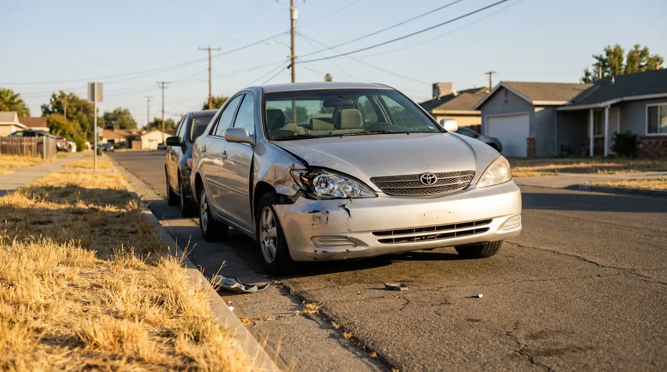 Toyota Camry sedan with crumpled front-end collision damage on residential street
