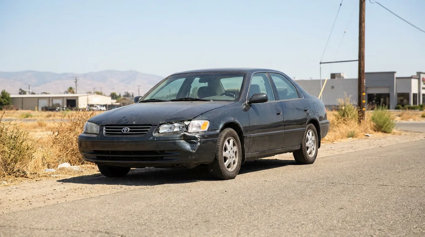 Toyota Camry sedan with front bumper collision damage parked on roadside