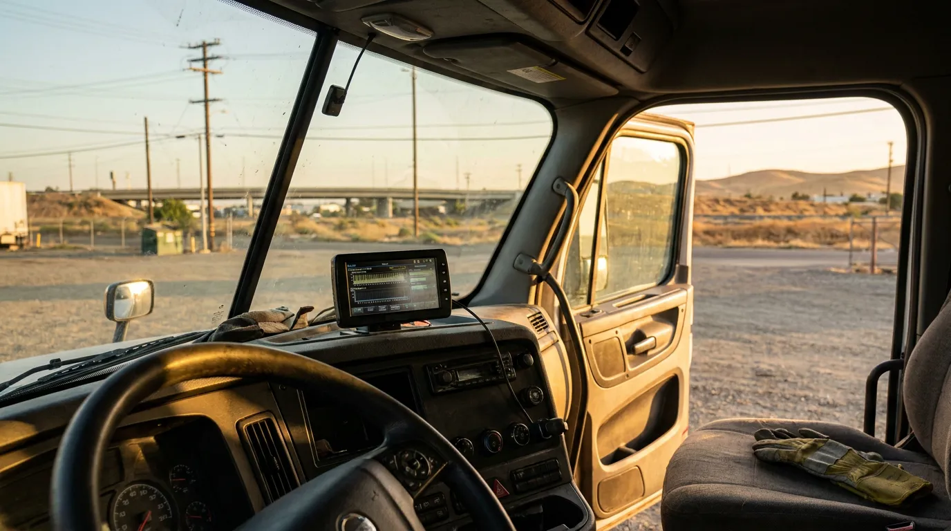 commercial truck cab interior with ELD device mounted on dashboard