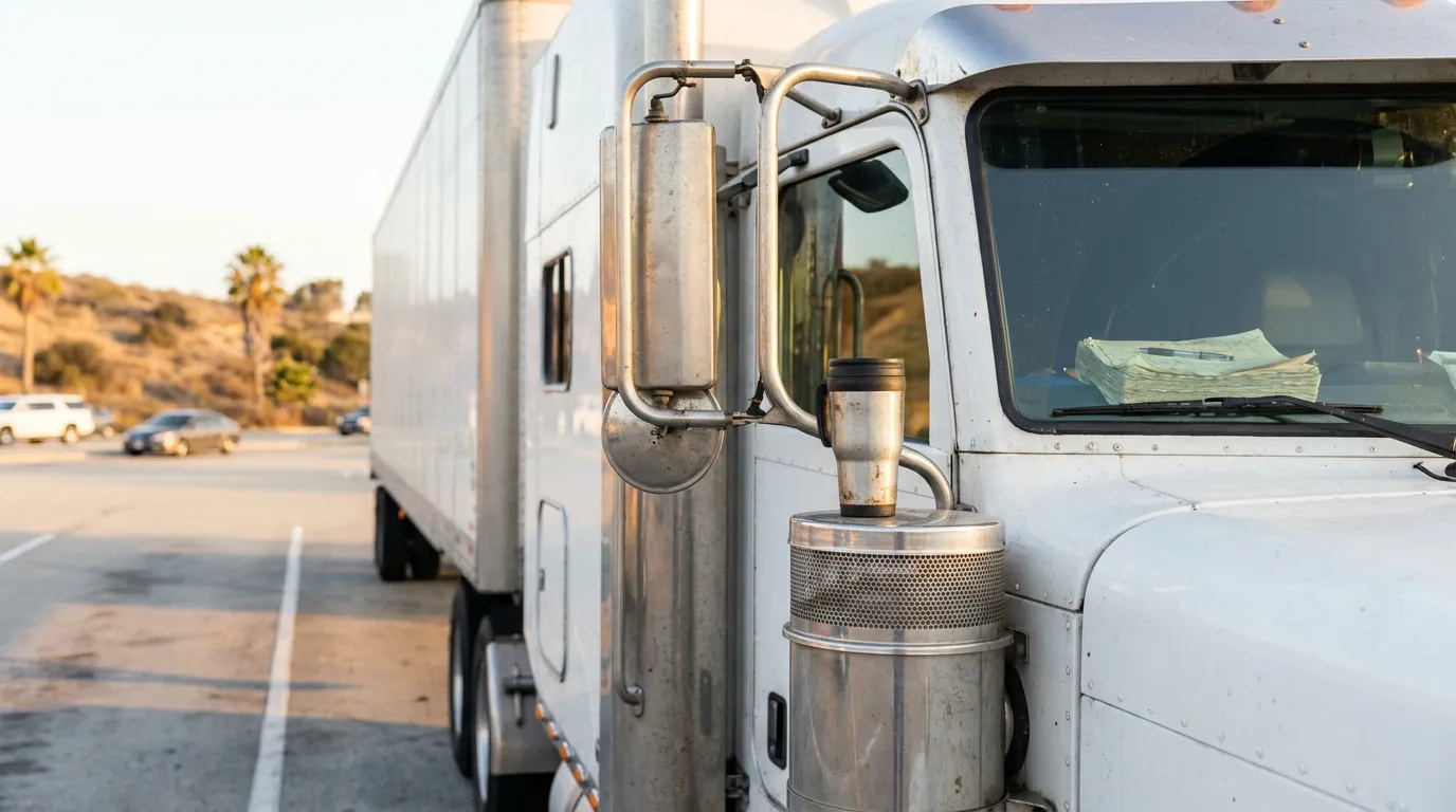 close-up of semi-truck cab with exhaust stack and side mirror parked on roadway
