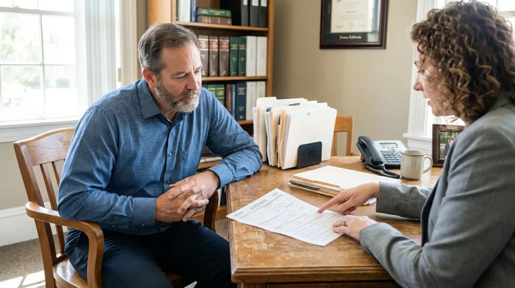attorney pointing to legal document during client meeting in law office
