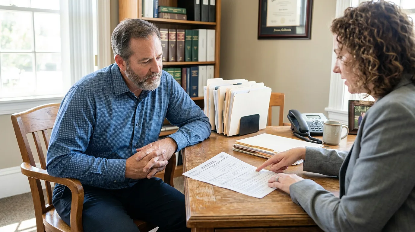 attorney pointing to legal document during client meeting in law office
