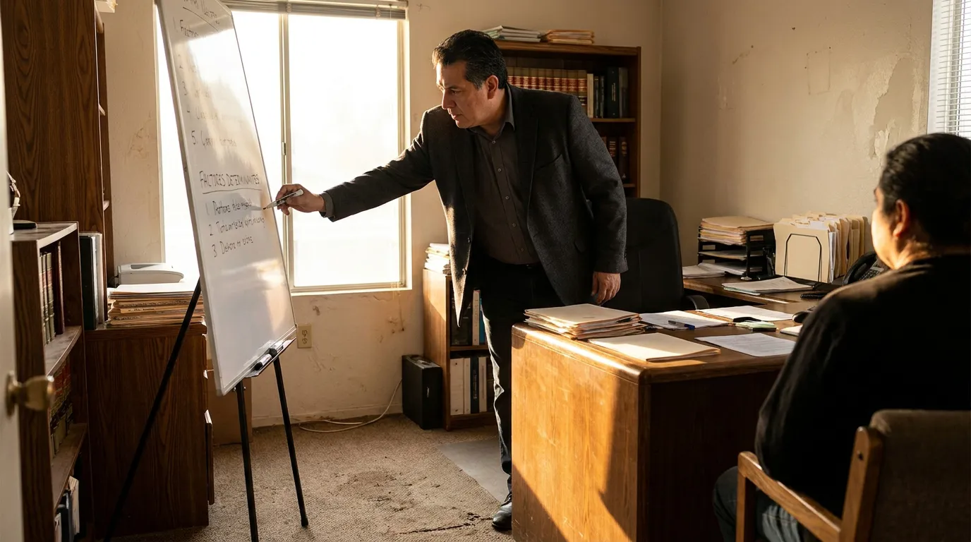 attorney pointing to whiteboard labeled Factores Determinantes during client office meeting