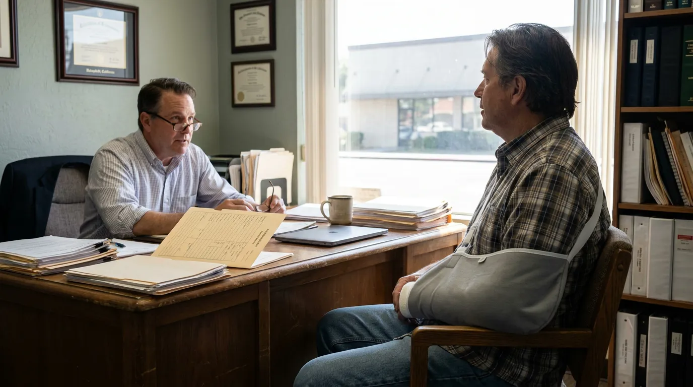 attorney reviewing legal documents with arm-sling client in credentialed office