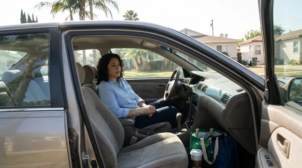 woman seated in car wearing wrist brace with open driver door