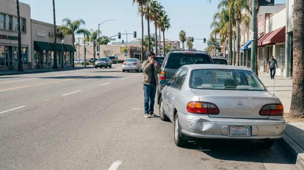person photographing damaged sedan bumper on urban California street after collision