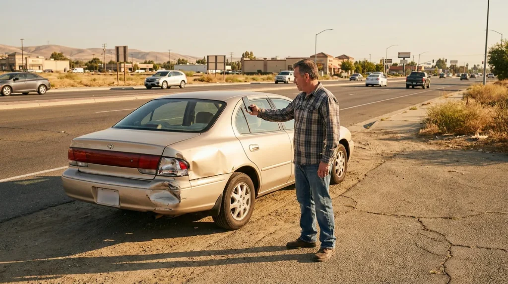 man photographing rear-end damage on sedan pulled over on roadside