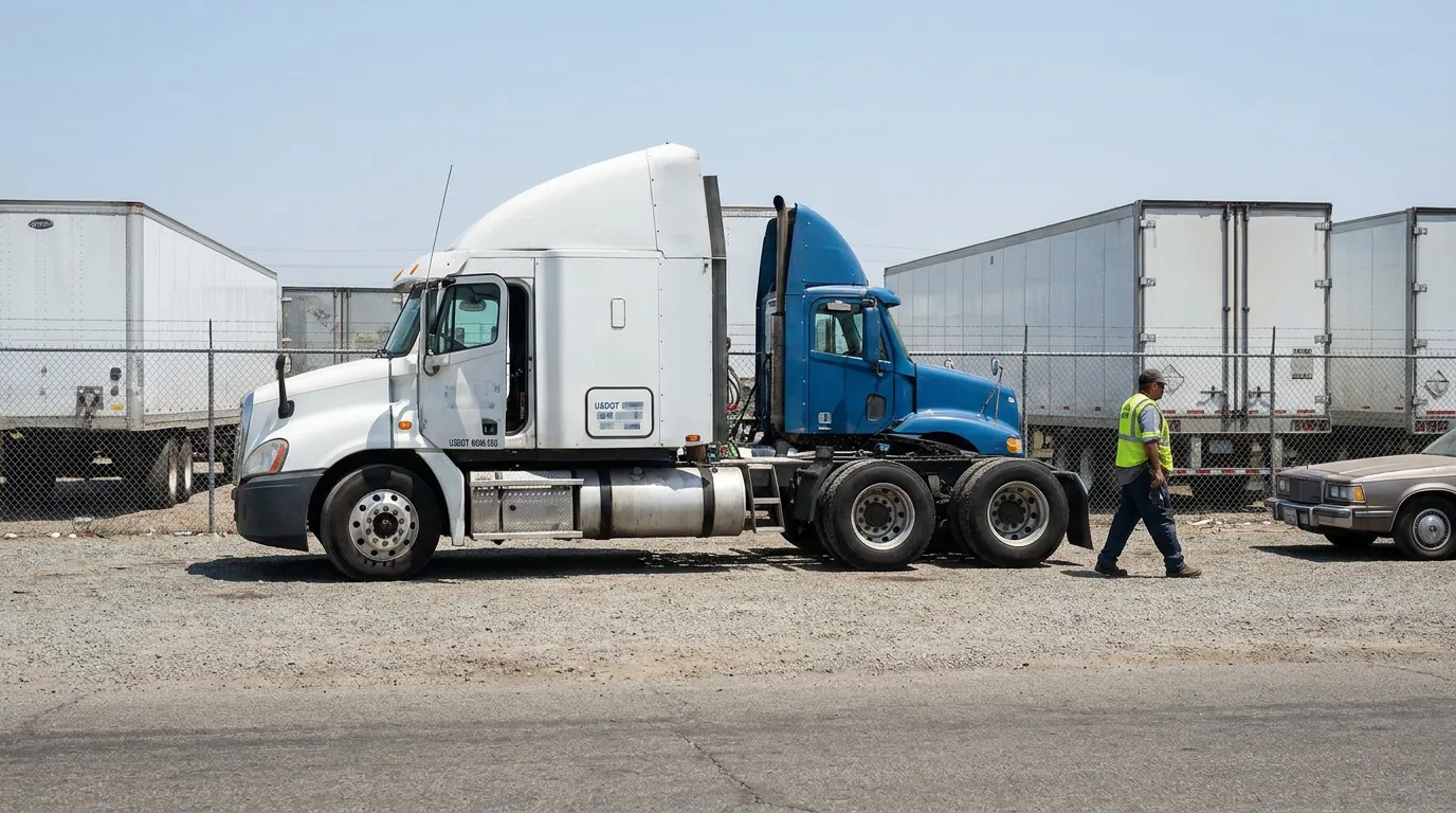 worker in safety vest walking near USDOT-labeled semi-trucks at commercial trucking yard