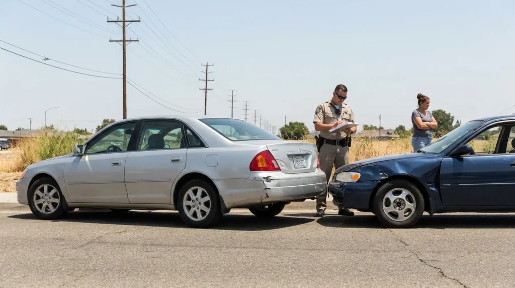 uniformed officer writing report at two-car rear-end collision scene on road
