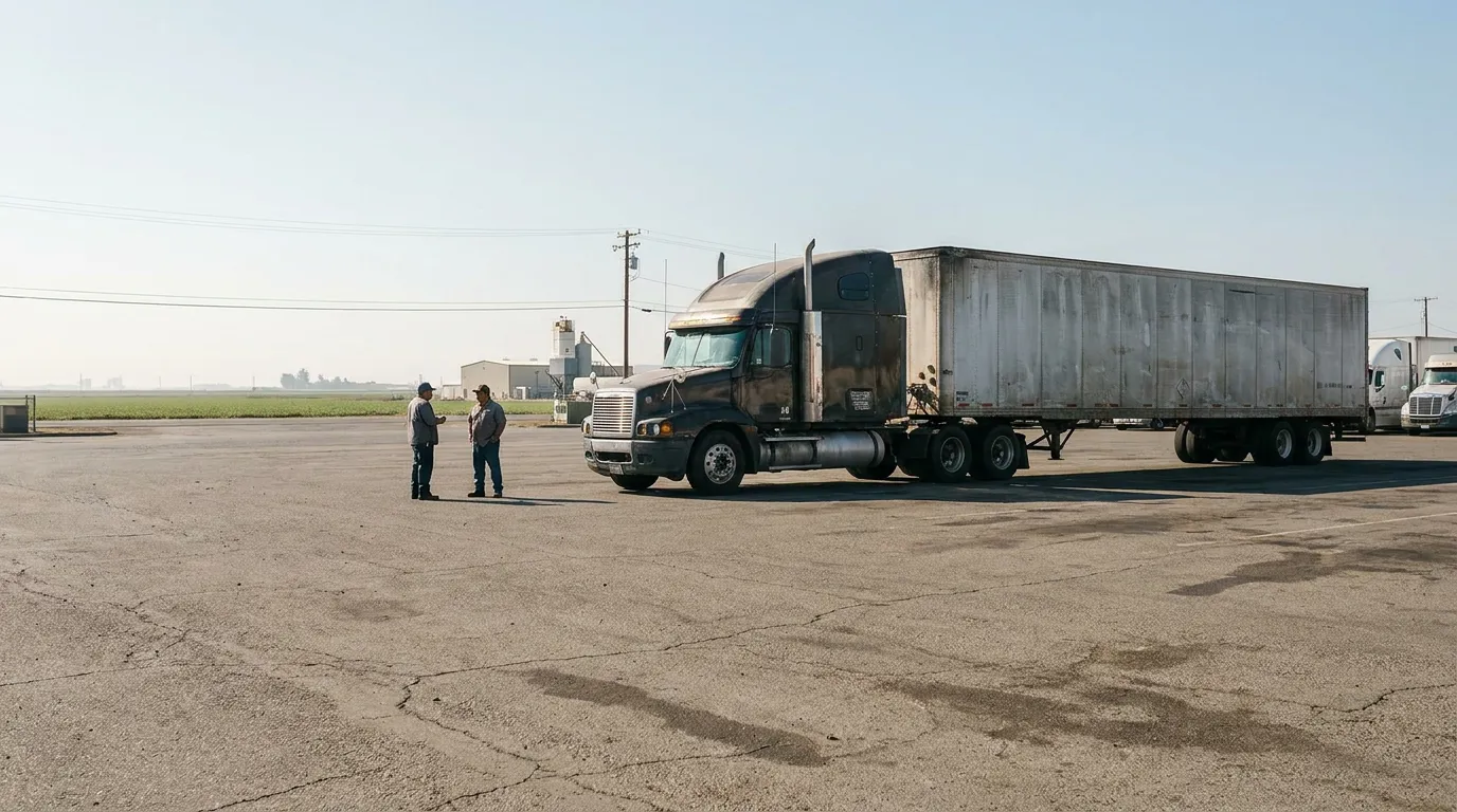 two workers standing beside parked semi-truck in rural commercial lot