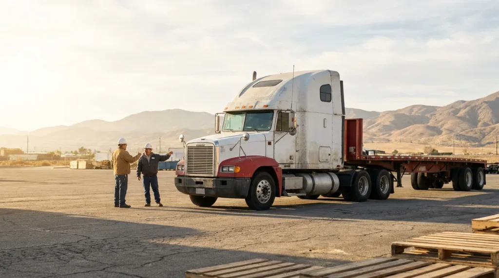 two workers in hard hats inspecting semi-truck with flatbed trailer in open lot