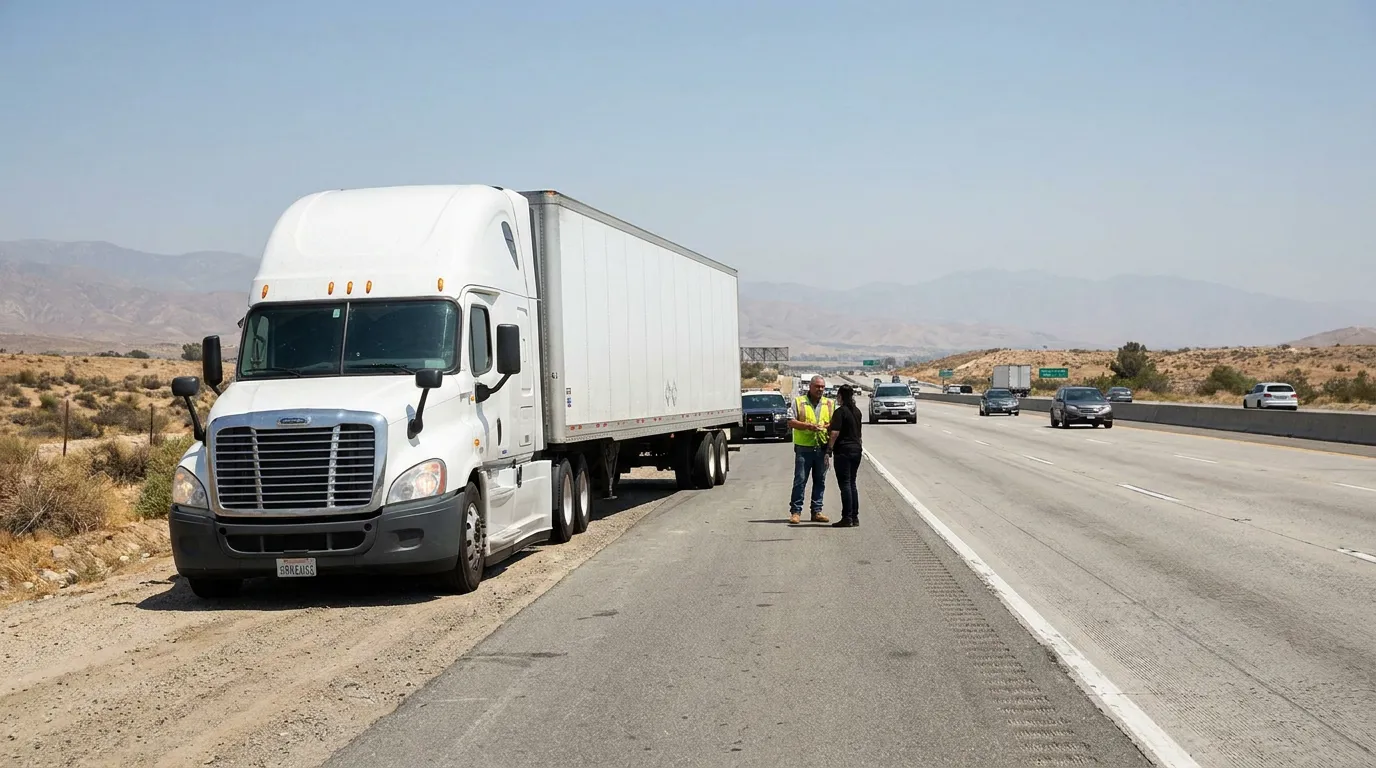 semi-truck pulled over on highway shoulder with two people standing nearby
