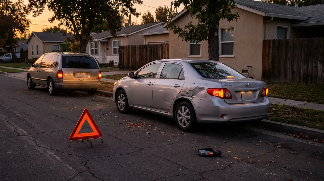 sedan with rear-end collision damage beside warning triangle on residential street