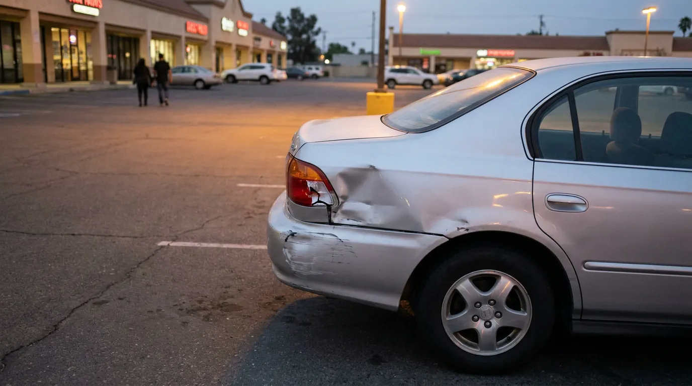 sedan with crushed rear bumper and damaged taillight in parking lot