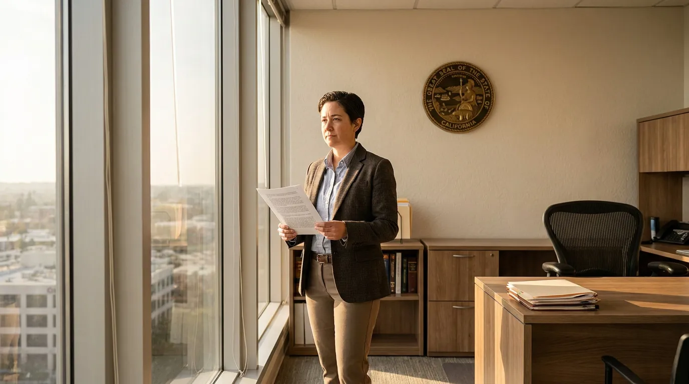attorney holding legal documents in office with Great Seal of California on wall