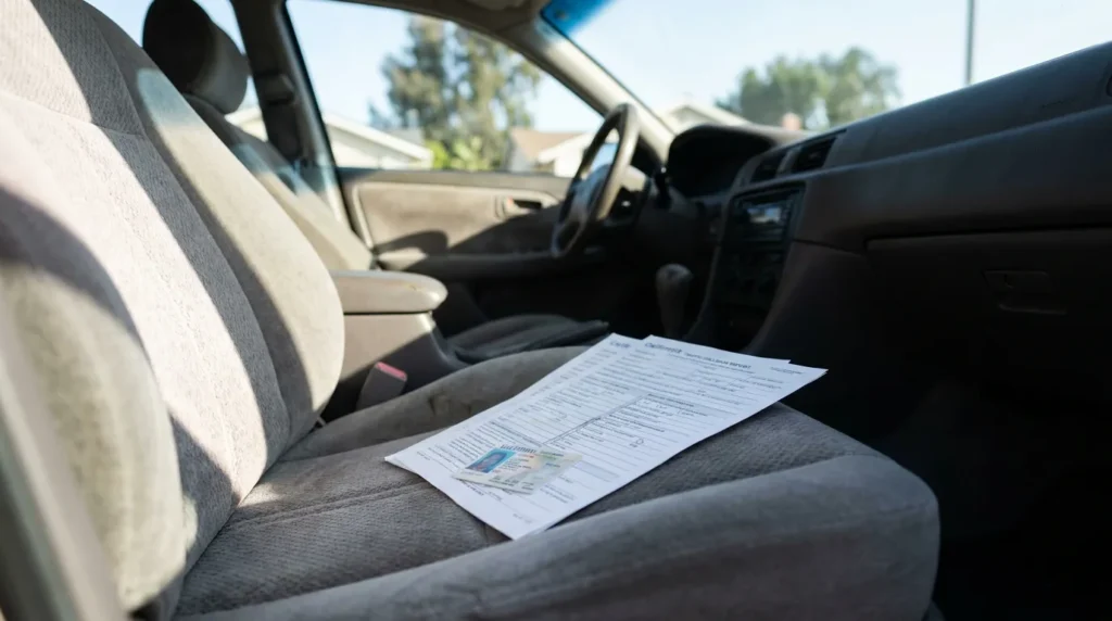 California Traffic Collision Report and driver's license resting on car seat