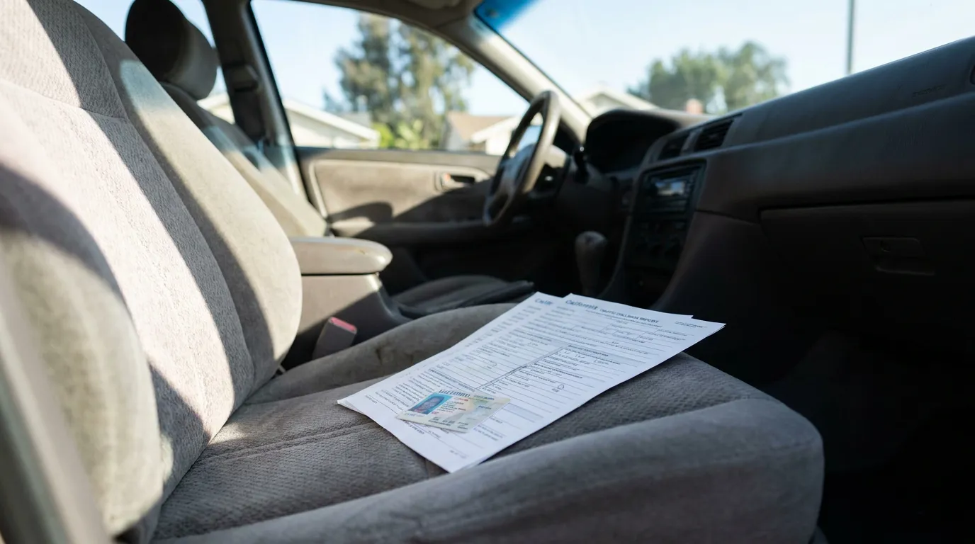 California Traffic Collision Report and driver's license resting on car seat