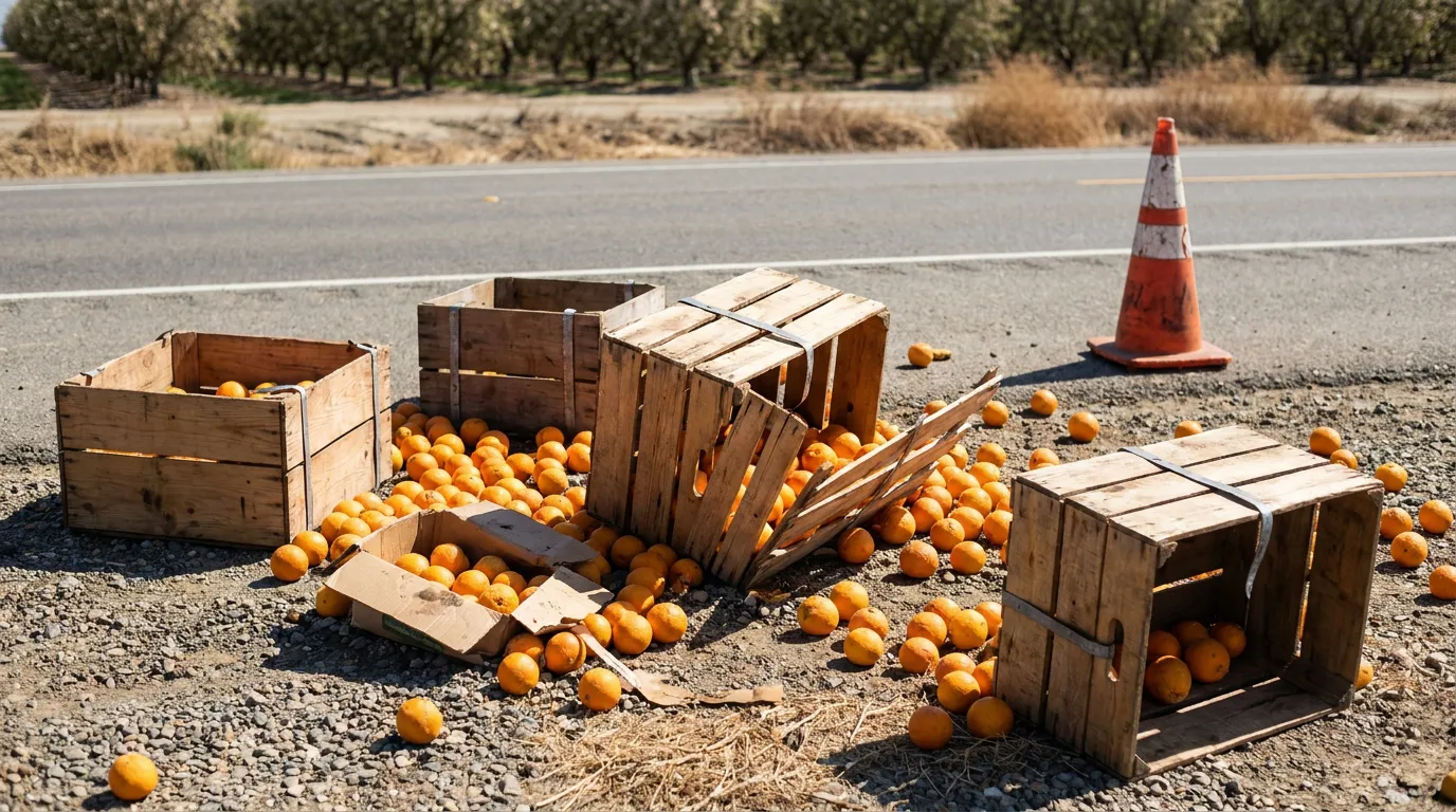overturned wooden crates spilling oranges onto roadside gravel near traffic cone