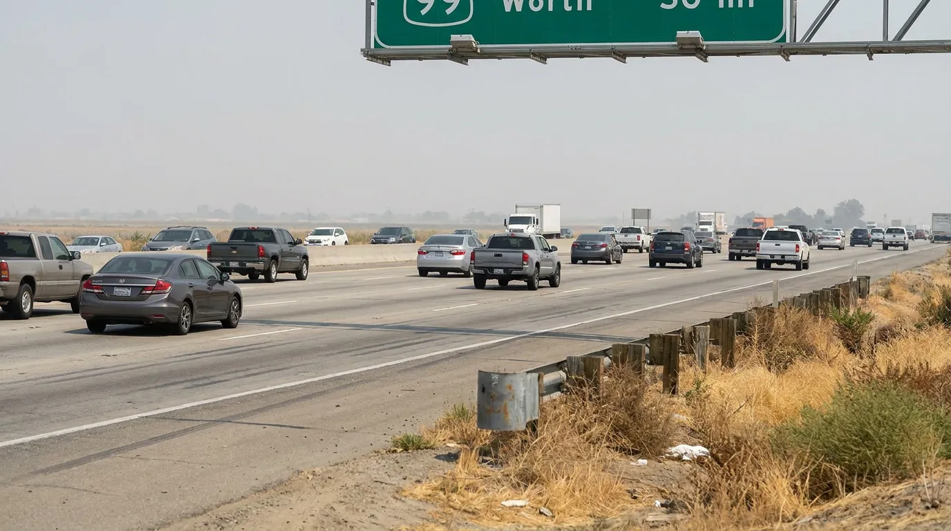 Highway 99 North overhead sign with multiple vehicles traveling on multi-lane freeway