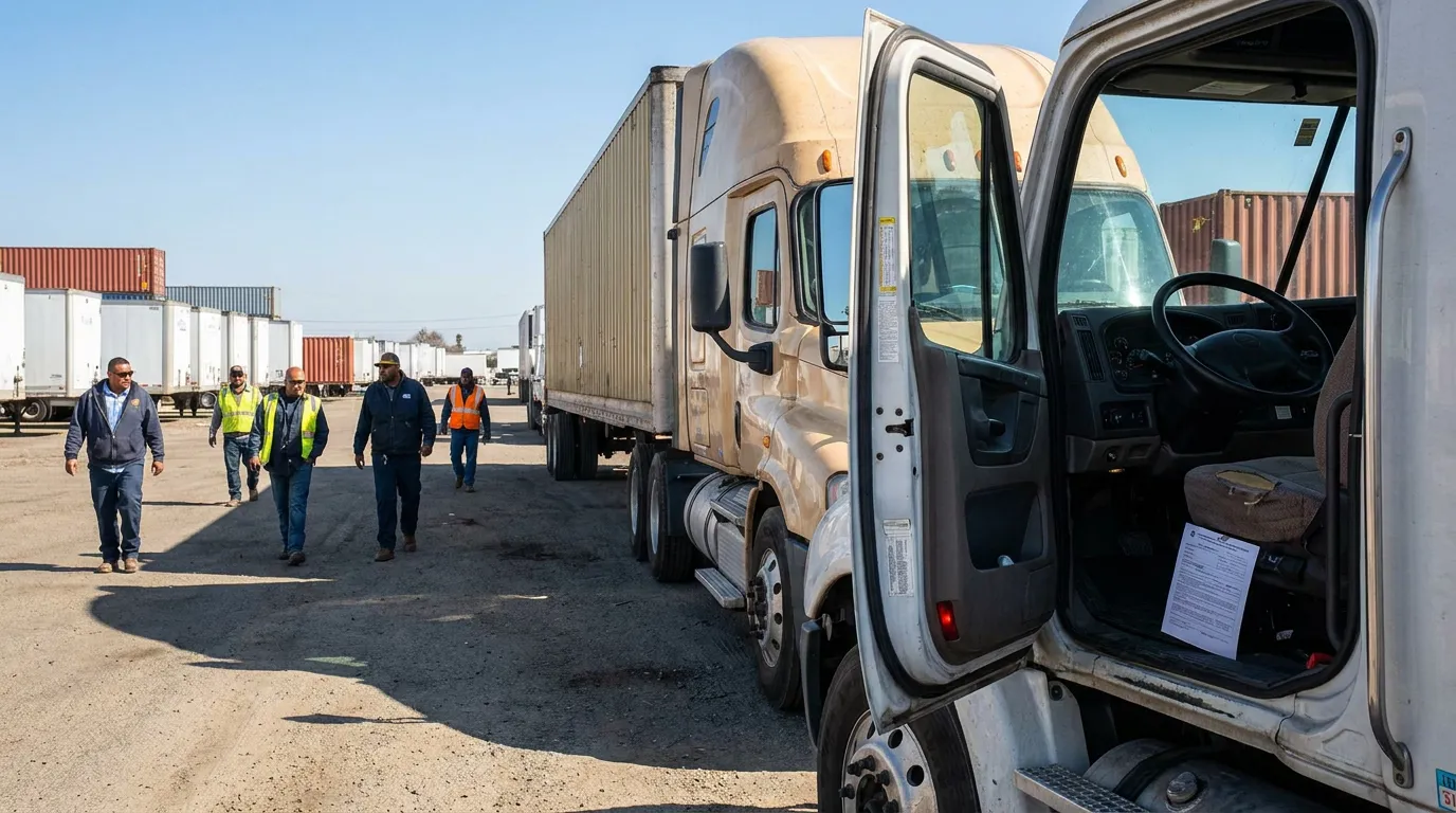 workers in safety vests walking through commercial truck yard with semi-trucks