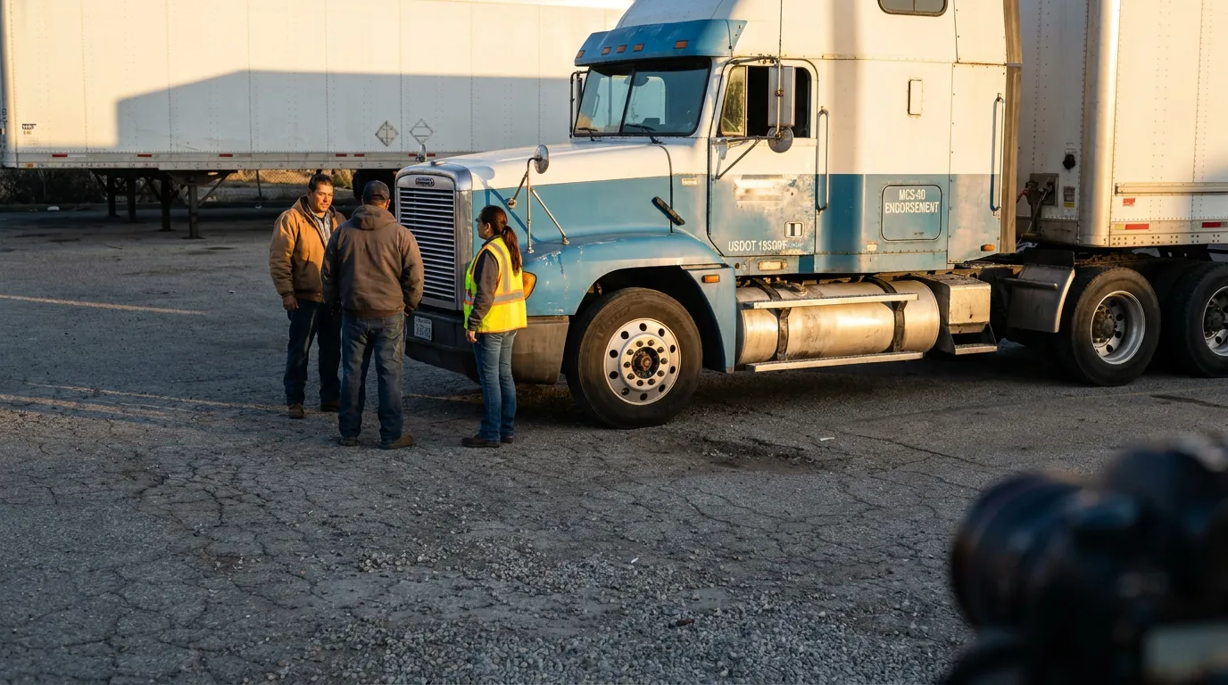 three workers standing beside USDOT-labeled commercial semi-truck in parking lot