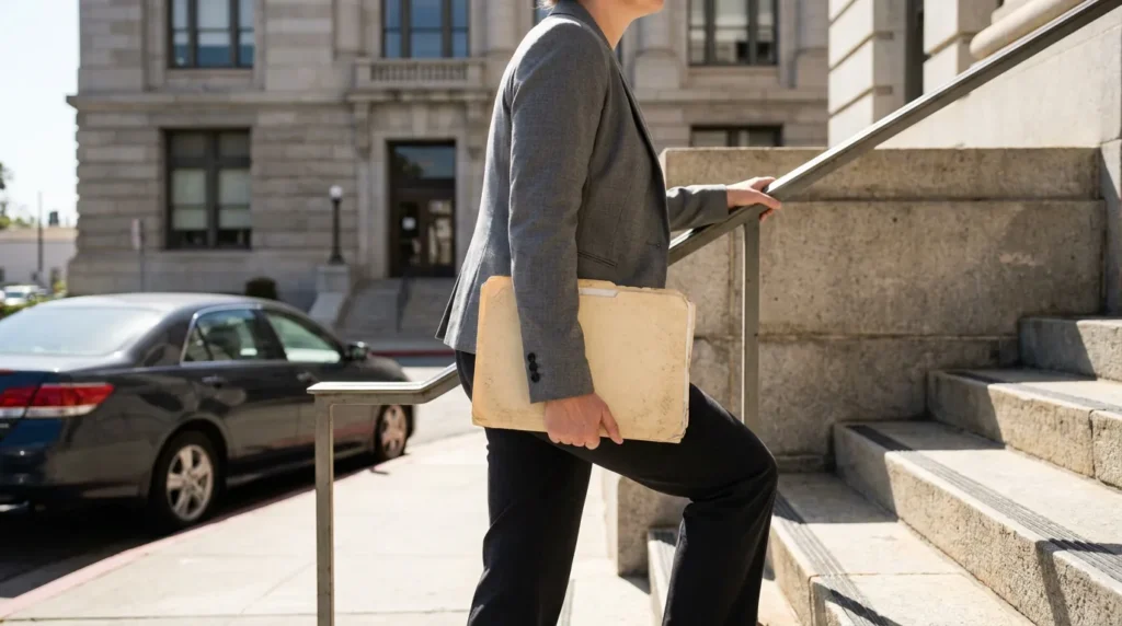 suited professional carrying legal file folder ascending courthouse steps