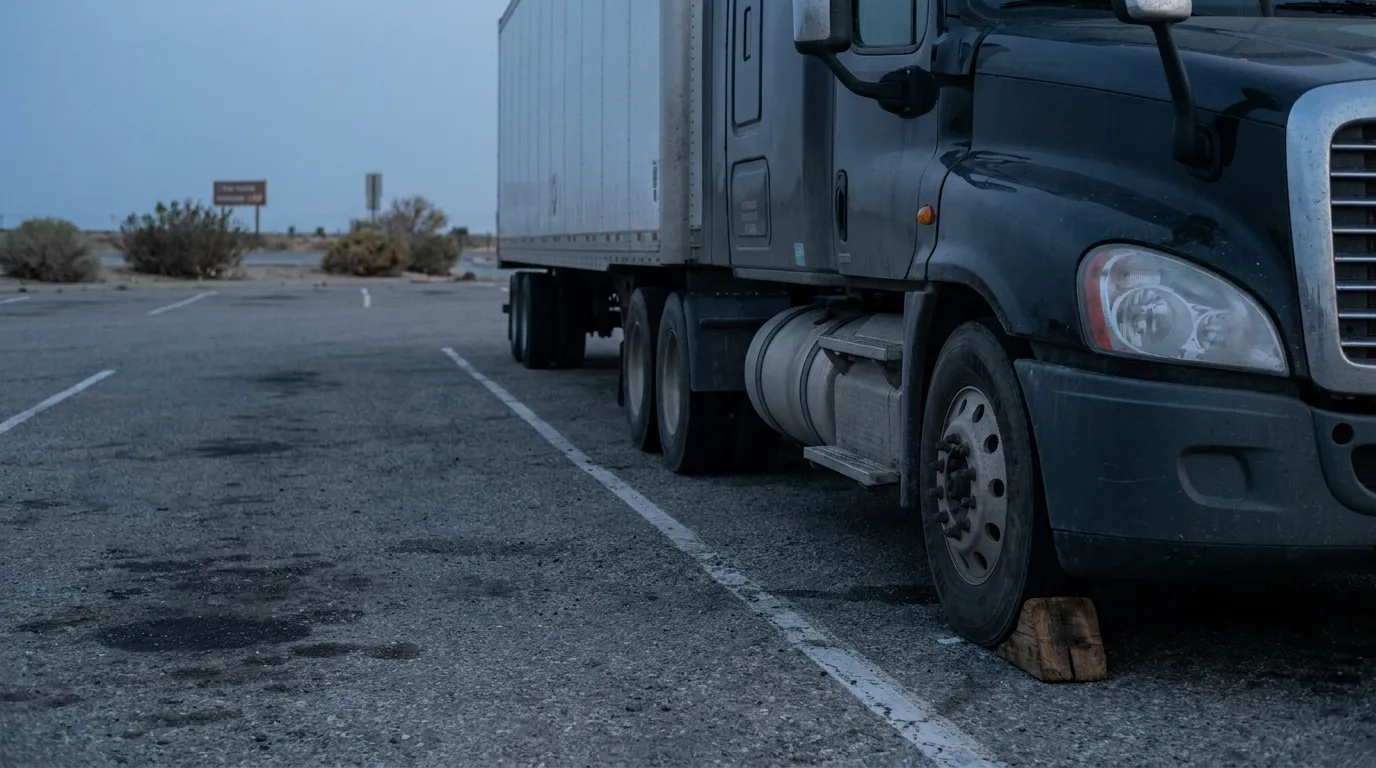 semi-truck with wheel chock parked in desert rest stop lot