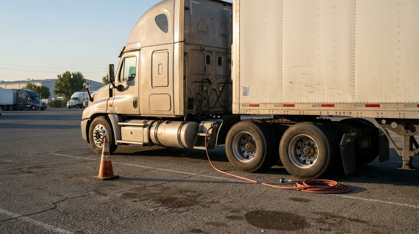 semi-truck with attached trailer parked in lot with traffic cone and hose