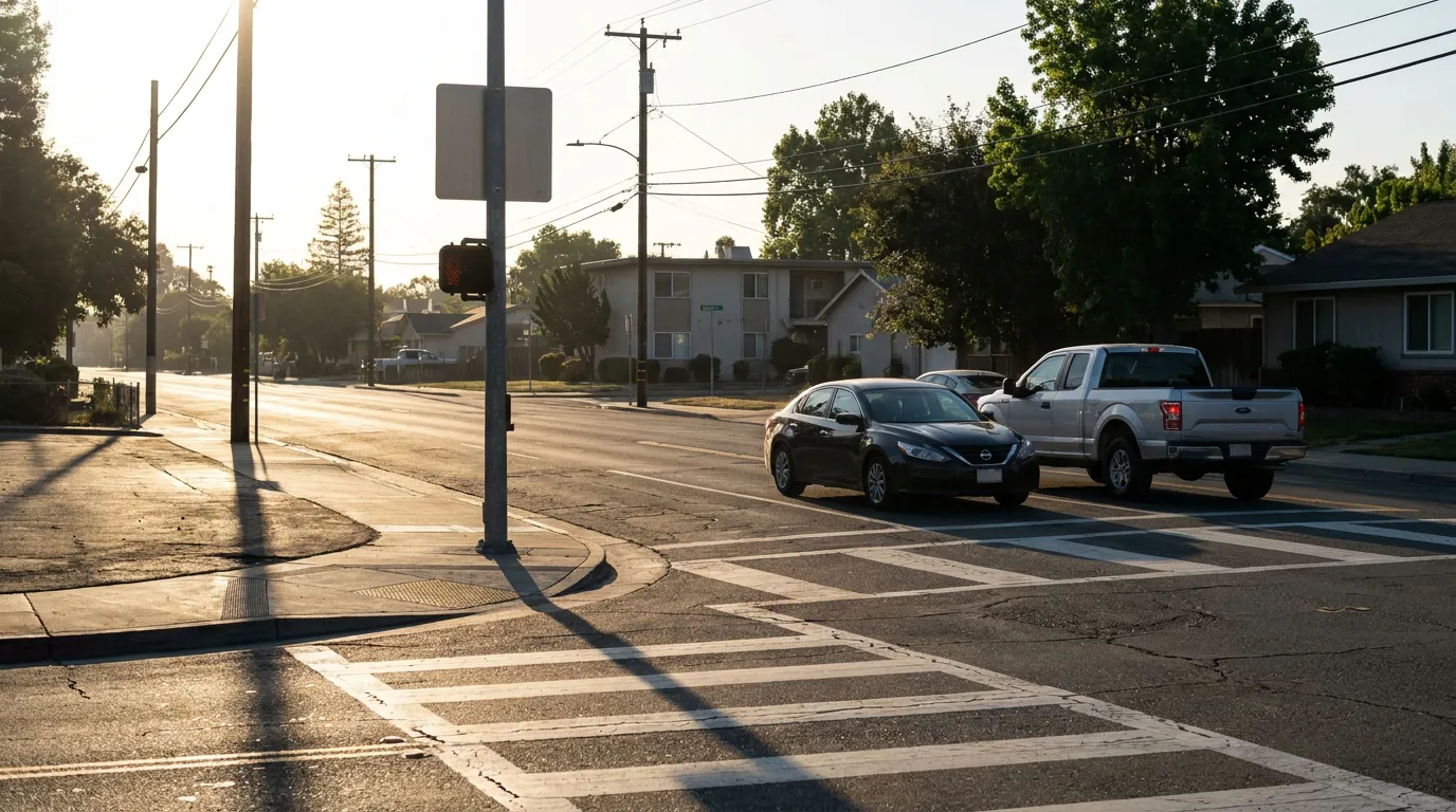 sedan and pickup truck stopped at residential intersection with crosswalk and traffic signal