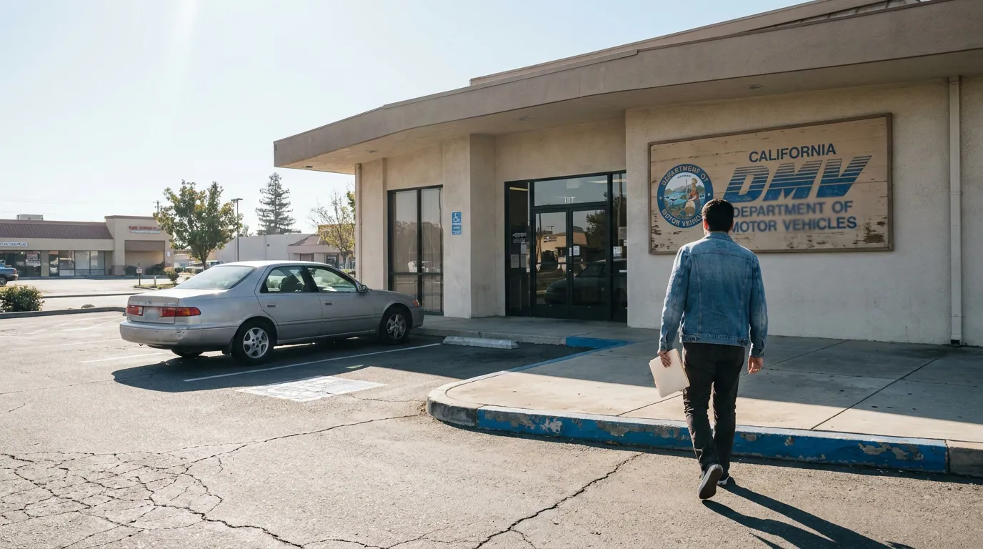 person carrying documents walking toward California DMV Department of Motor Vehicles building entrance